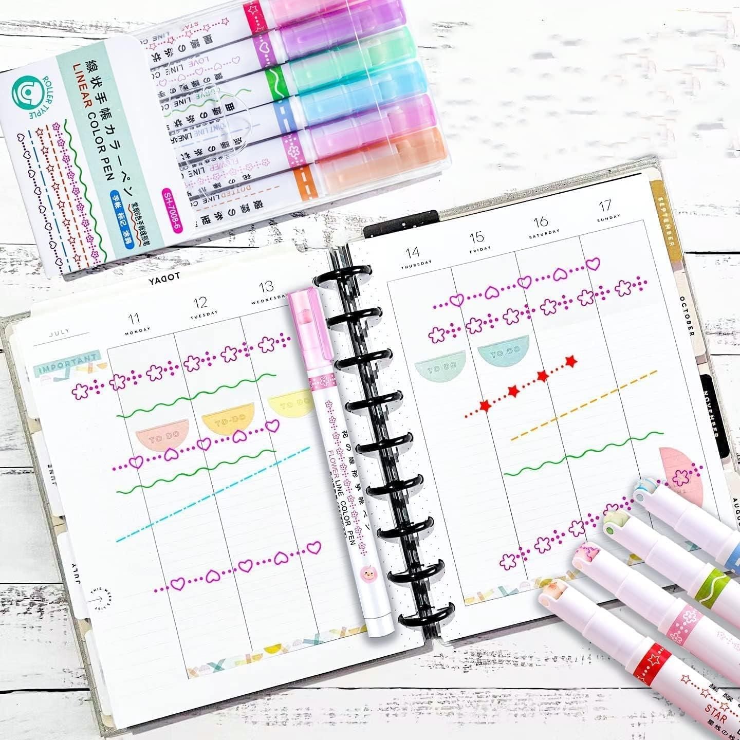 Curve Highlighter Roller Pens Set – 6 Colorful Pattern Markers for Journaling & Crafting