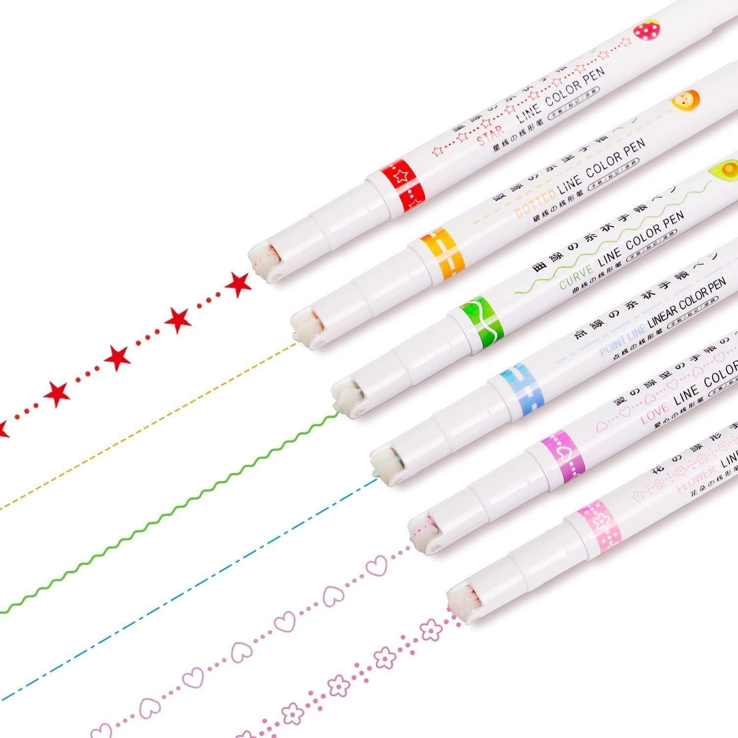 Curve Highlighter Roller Pens Set – 6 Colorful Pattern Markers for Journaling & Crafting